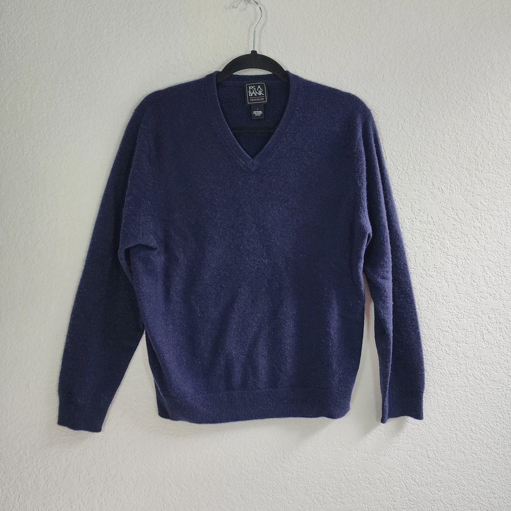 Jos A Bank Sweater Men's L Navy Blue 100% Cashmere V Neck Traveler